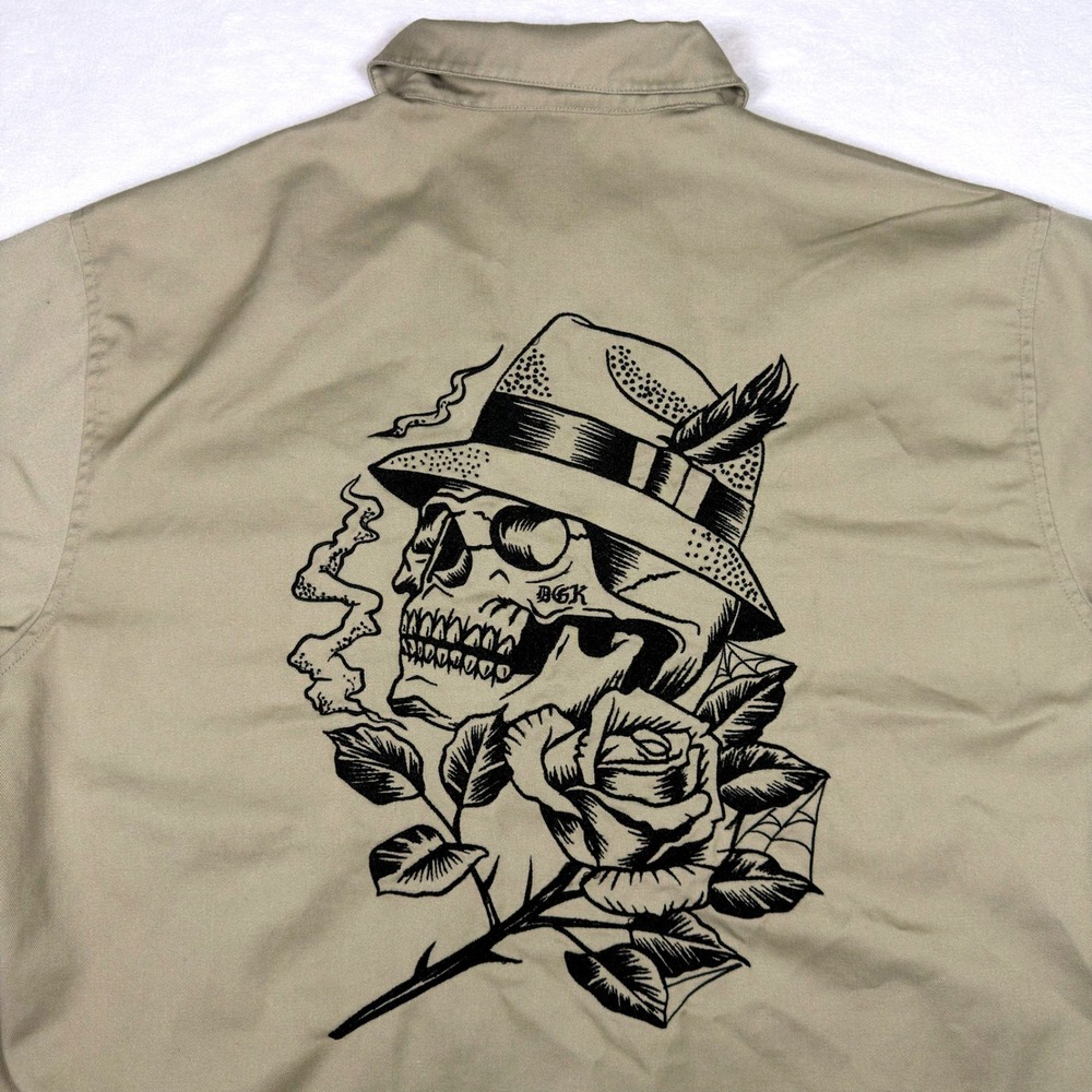 DGK Mens Khaki Tan Skull Rose Pachuko Quarter Zip Work Shirt Medium Short Sleeve